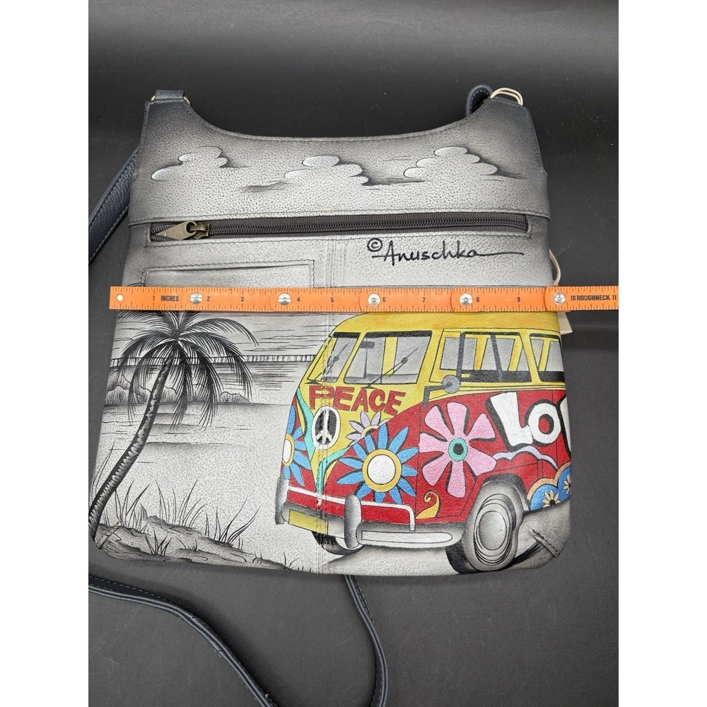 Anna Anuschka Leather Bag Hand Painted Happy Camper Peace Van Purse NWT - Picture 5 of 14